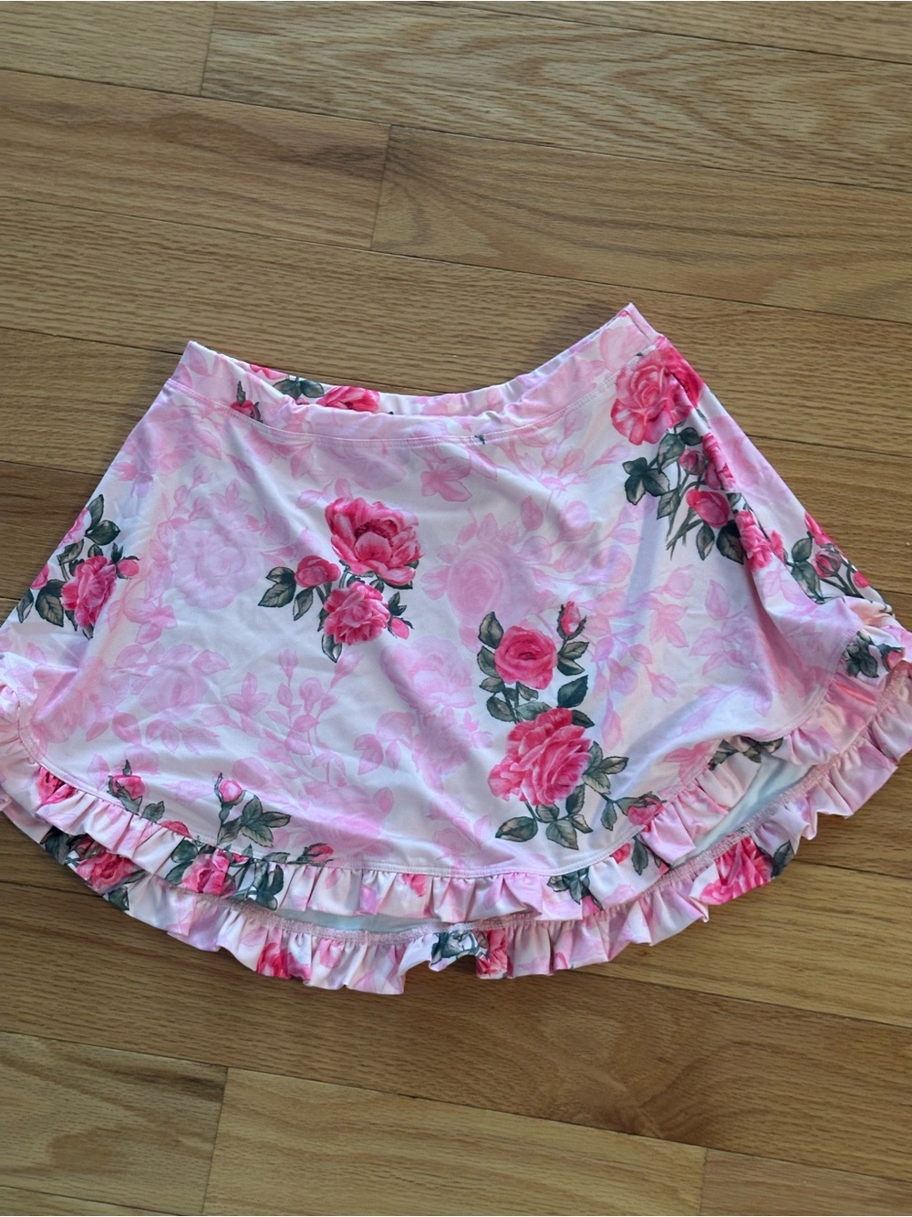 LoveShackFancy Pink Rose Print Ruffle Hem Skirt XS